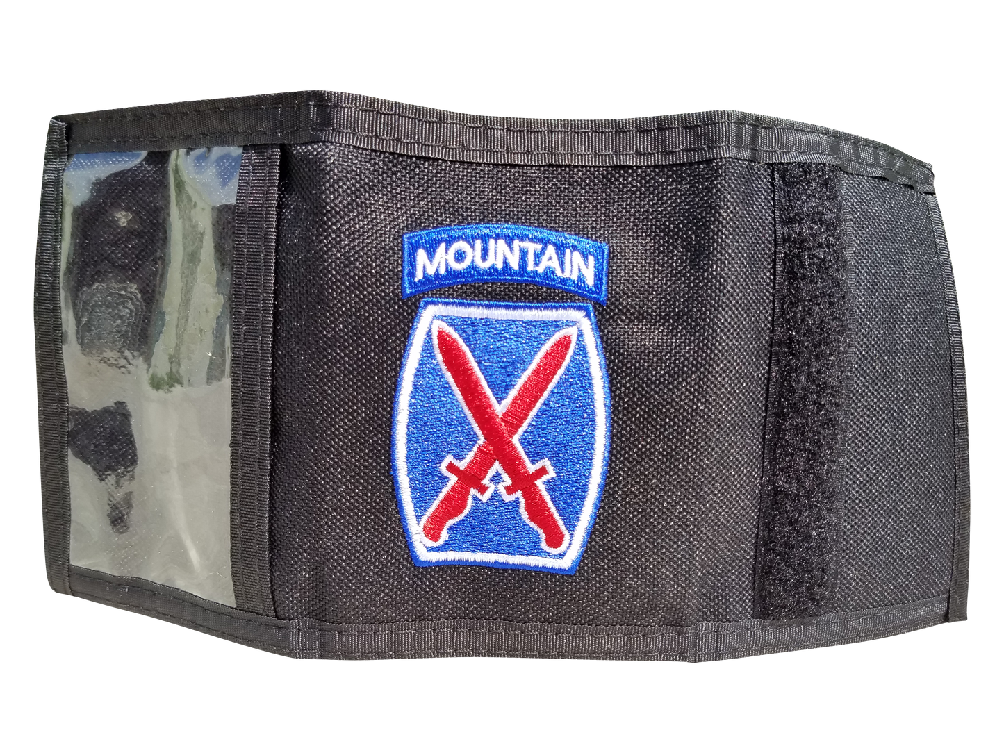 High Velocity Military Wallets. Each wallet has a logo and ID window.