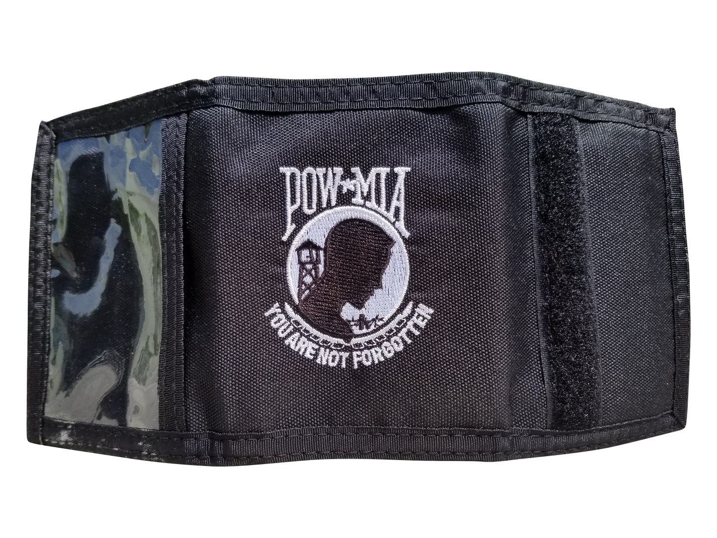 High Velocity Military Wallets. Each wallet has a logo and ID window.