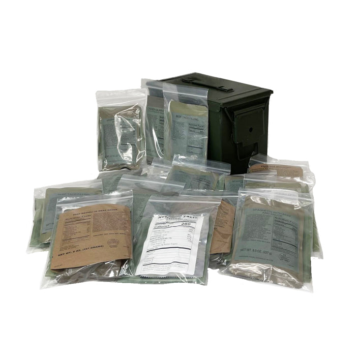 1) Used Fat 50 Cal Ammo Can Grade 1 - w/15 MRE Entrees and Heaters
