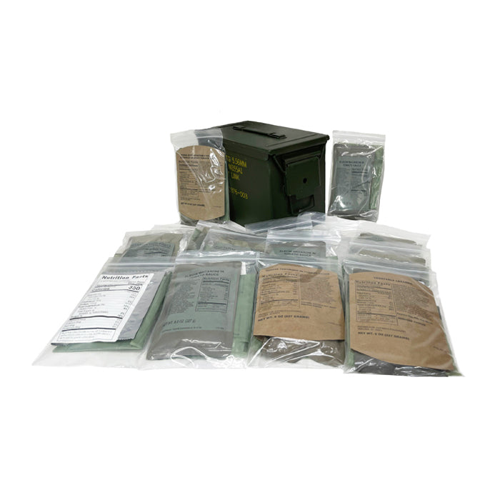 1) Used Fat 50 Cal Ammo Can Grade 1 - w/15 MRE Entrees and Heaters