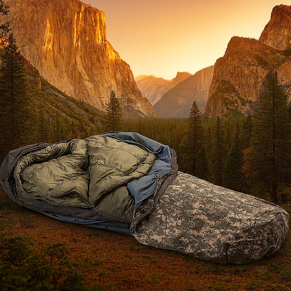 Camping sleeping bag in a scenic mountain landscape during sunset.