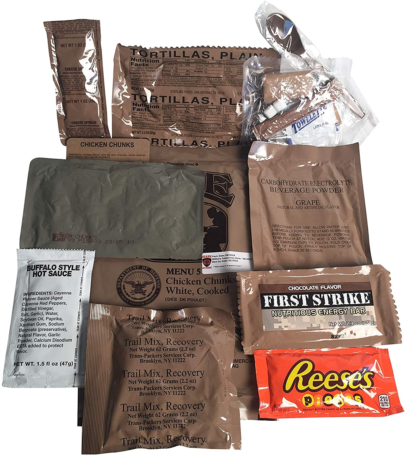 3 Pack MRE 2021 Inspection Date-Packed in USGI Grade 1 50 Cal Used Ammo Can contents