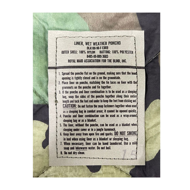 Woodland Camo Poncho Liner with Royal Label - New - NSN: 8405-00-889-3683