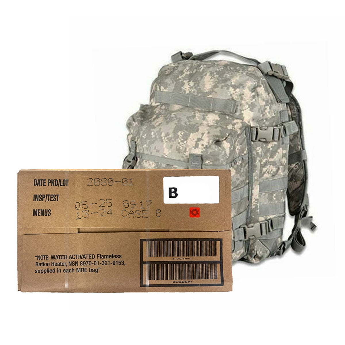 Military MRE Case Certified Insp Date May 2025 or Newer & Used Like New ACU Assault Pack - Combo!