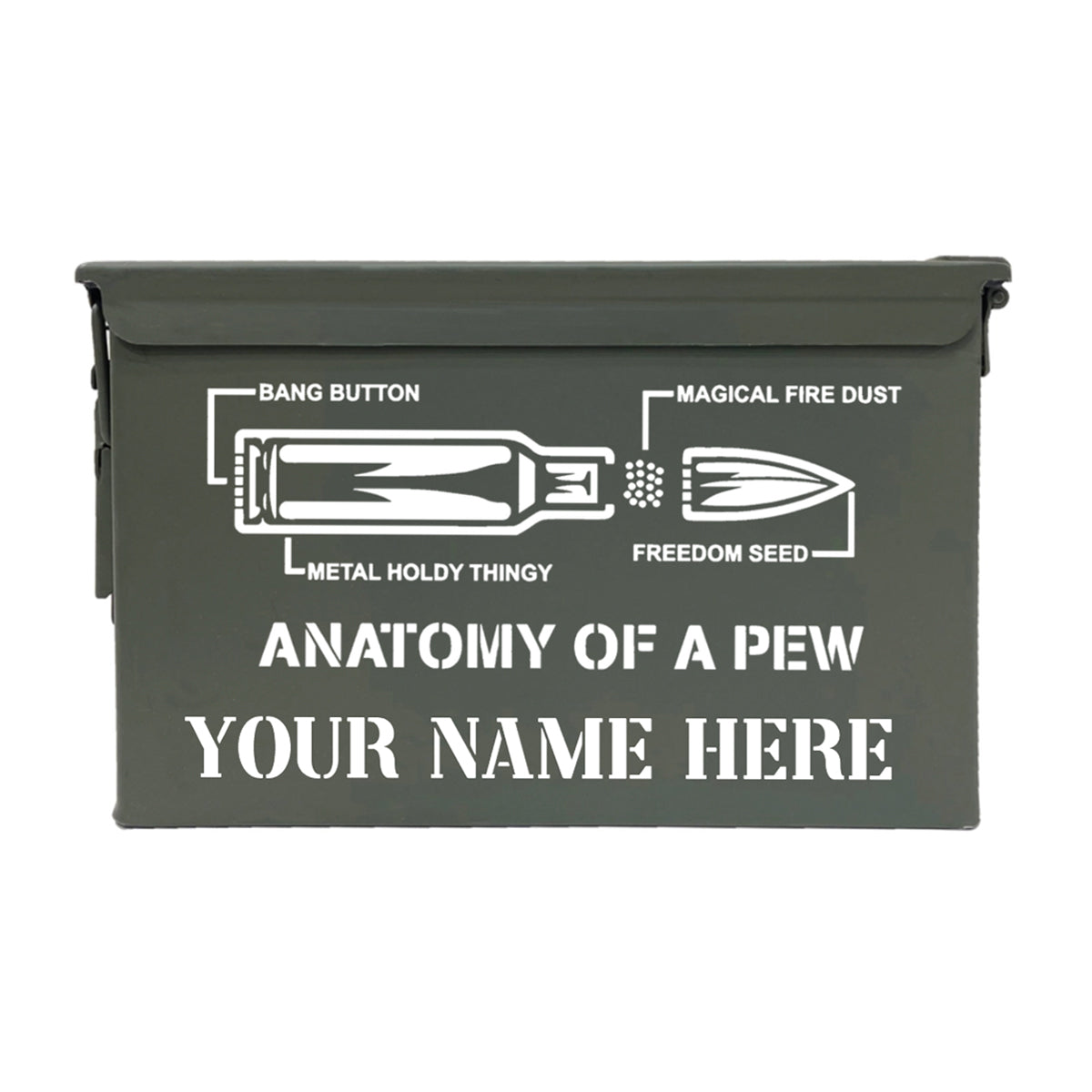 Choose 30 Cal, 50 Cal or Fat 50 Cal Ammo Can Used Grade 1 with UV Printed "Anatomy OF A PEW"