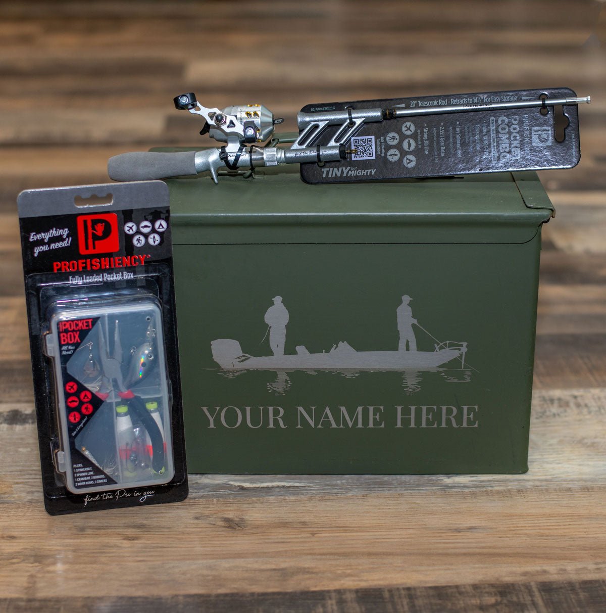 Fishing Combo Gift Set - Personalized Laser Engraved Used Fat 50 Cal Ammo Can