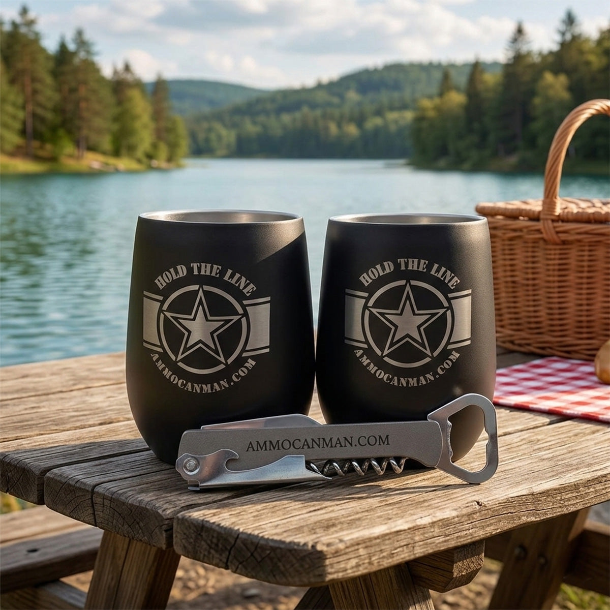 Two black tumblers with a star design and bottle opener on a wooden table by a lake.