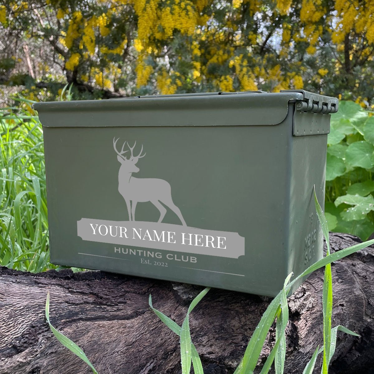 Laser Engraved - DEER HUNTING CLUB - Used Grade 1 Ammo Cans - 30 Cal, 50 Cal or Fat 50