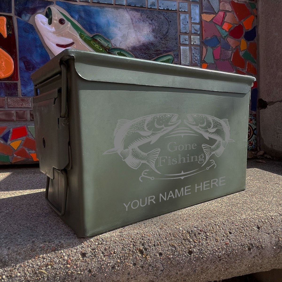 Laser Engraved - GONE FISHING - Used Grade 1 Ammo Cans - 30 Cal, 50 Cal or Fat 50