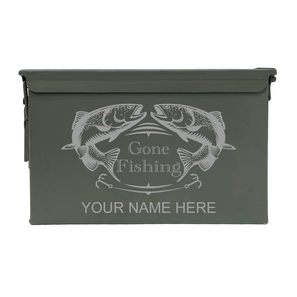 Laser Engraved - GONE FISHING - Used Grade 1 Ammo Cans - 30 Cal, 50 Cal or Fat 50