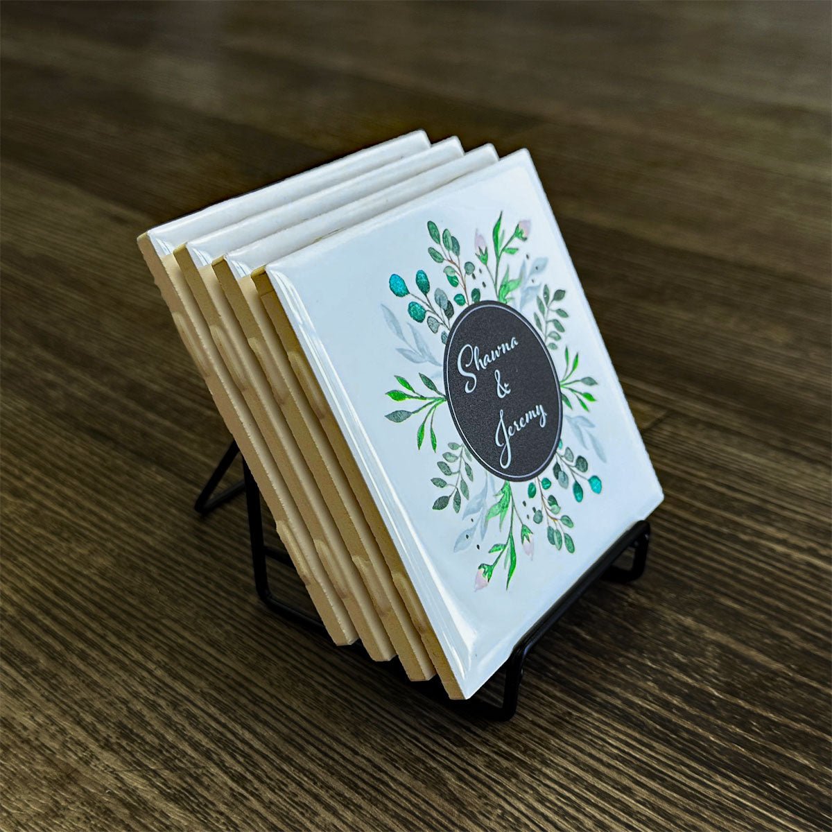 Personalized Images UV Printed on 4 Ceramic Tile Coasters with Metal Easel Stand - Ammo Can Man
