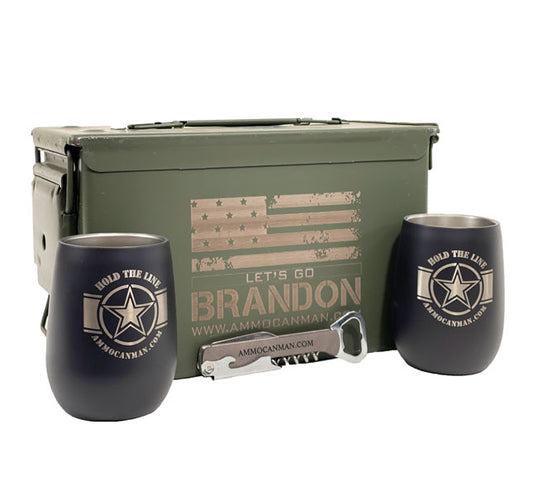 (2) "HOLD THE LINE" Engraved Insulated Wine Tumblers, (1) Corkscrew MutliTool & (1) Let's Go Brandon