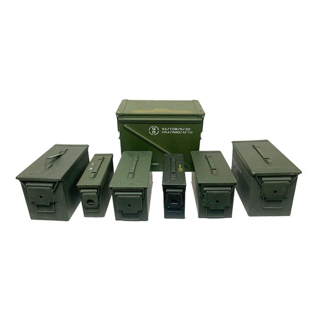 U.S Military Ammo Can 7-Can Combo Pack (2) Fat 50 Cal (2) 30 Cal, (2) 50 Cal, and (1) 30mm M592 