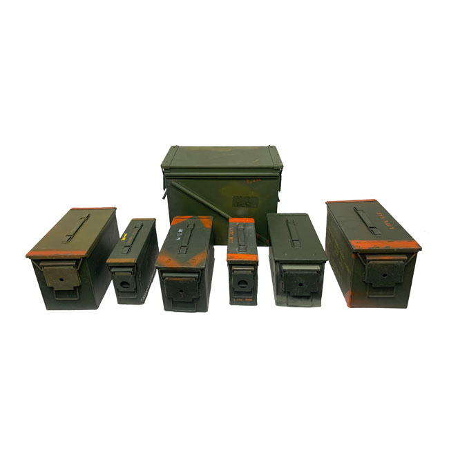 Ammo Can 7-Can Combo Pack (2) Fat 50 Cal (2) 30 Cal, (2) 50 Cal, & (1) 30mm M592 Used Ammo Cans 