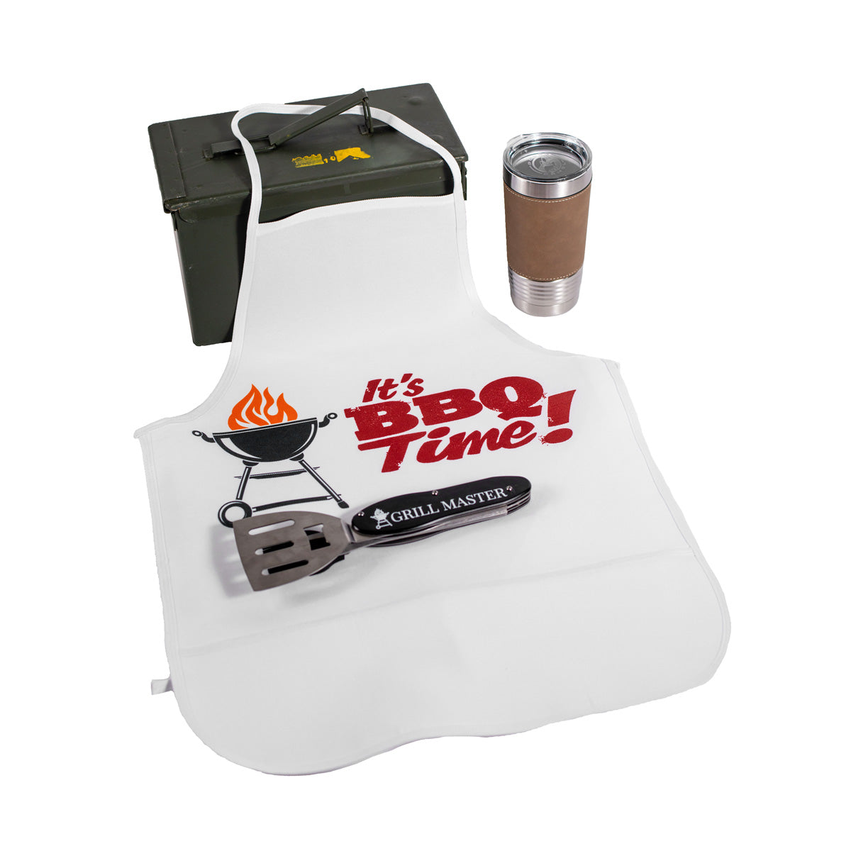 BBQ Combo Set 5-in-1 Barbecue Foldable Tool Kit, Apron and Light Brown Leatherette Stainless Steel 20oz Tumbler and Used 50 Cal Grade 1 Ammo Can