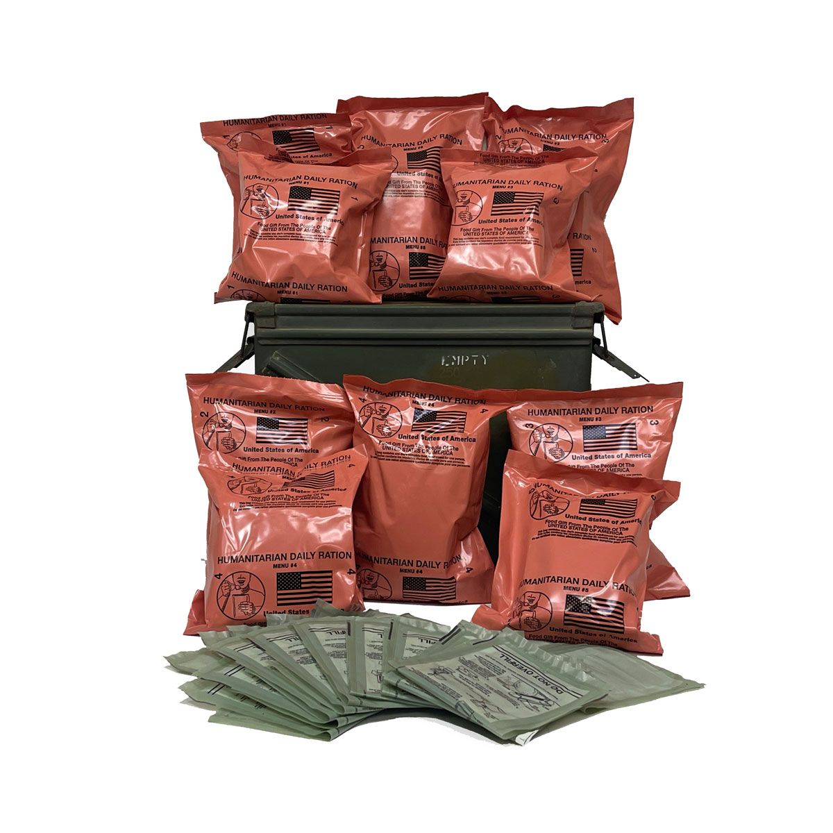 MRE Meals Ready to Eat Humanitarian Daily Rations w/o Heaters or with 10 Heaters .