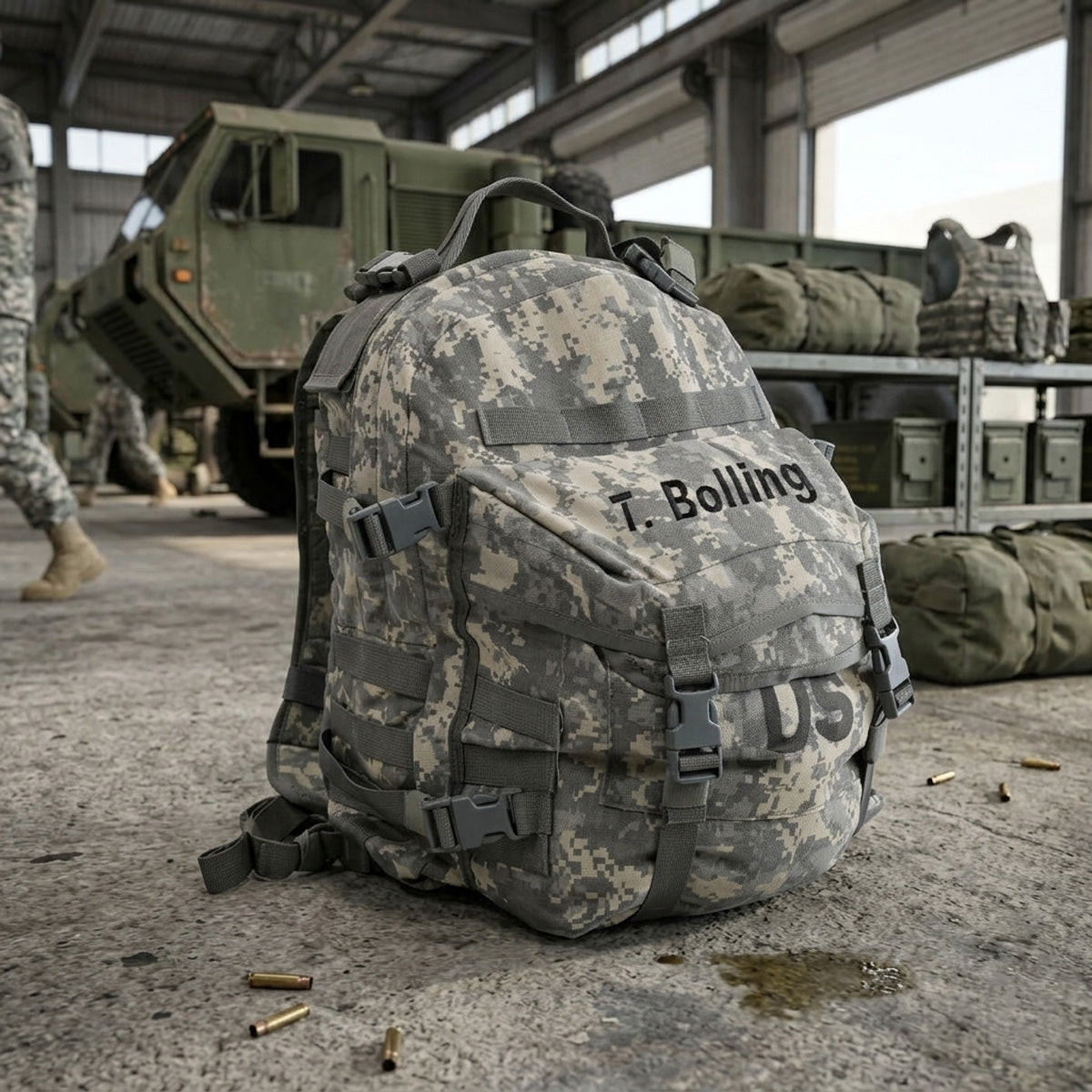 Camouflage backpack with 'T. Bolling' branding in a military setting