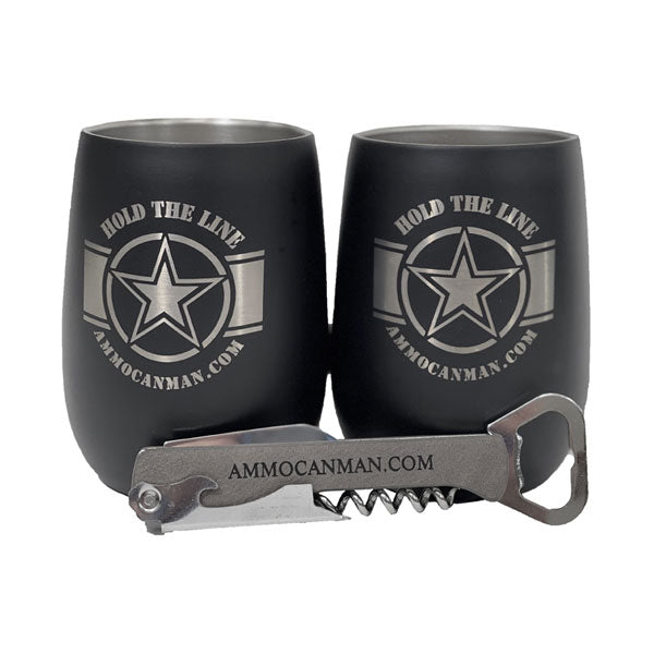 (2) "HOLD THE LINE" Engraved Insulated Wine Tumblers, (1) Engraved Corkscrew MutliTool