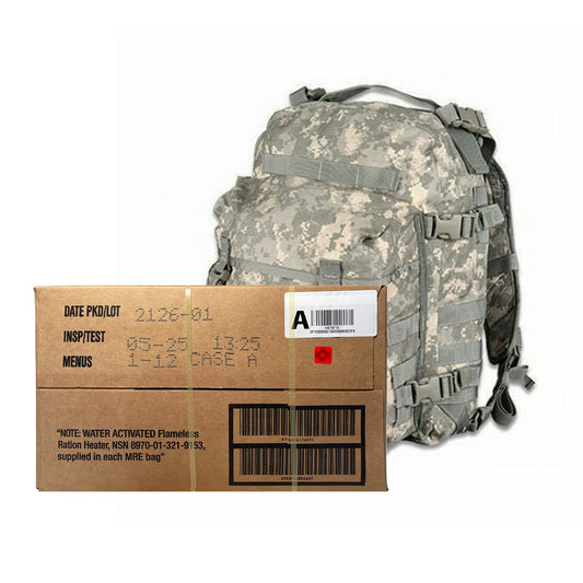 Military MRE Case Certified Insp Date May 2025 or Newer & Used Like New ACU Assault Pack - Combo!