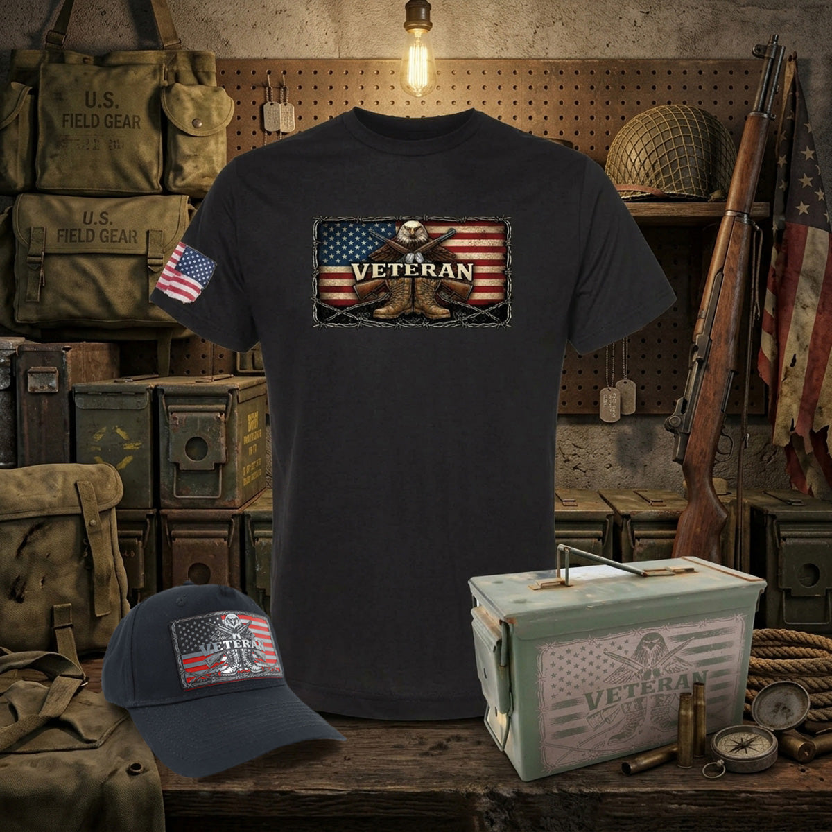 COMBO "VETERAN EAGLE" - BLACK SHIRT, BLACK HAT & LASER ENGRAVED 50 CAL GRADE 3 AMMO CAN!