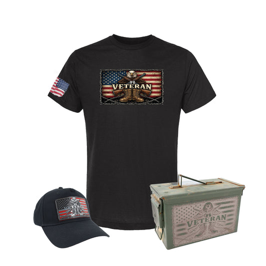 COMBO "VETERAN EAGLE" - BLACK SHIRT, BLACK HAT & LASER ENGRAVED 50 CAL GRADE 3 AMMO CAN!