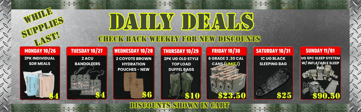 A weekly sale flyer banner for 'DAILY DEALS' featuring seven different product deals from Monday to Sunday, displayed on a dark green textured background with a silver metal plate design.