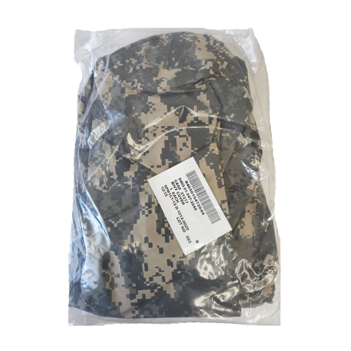 Camouflage-patterned bivy cover in a clear plastic bag with a label on a white background