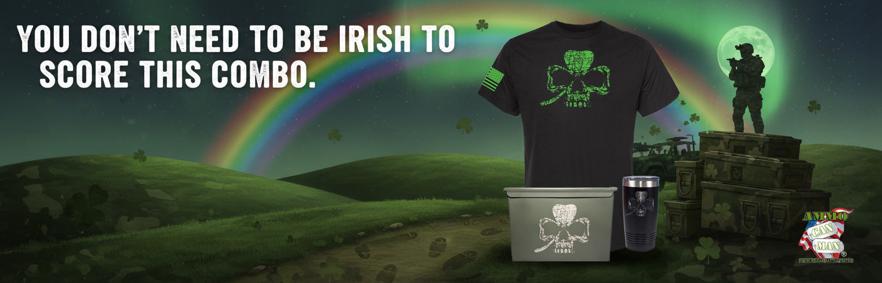 Promotional image with t-shirt, mug, and ammo box on a grassy field with rainbow and moonlit sky. Ammo Can and tumbler