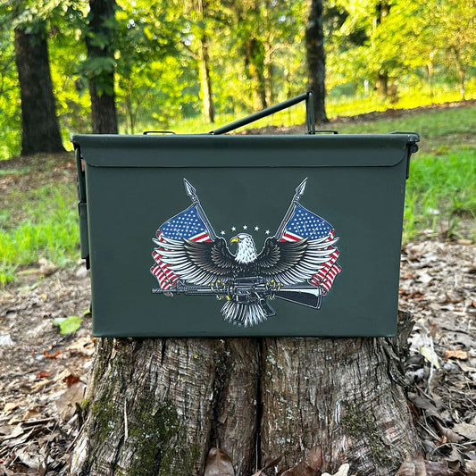 Choose 30 Cal, 50 Cal or Fat 50 Cal Ammo Can Used Grade 1 with UV Printed "Eagle and Flag"