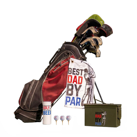 Golf bag with golf clubs, 'Best Dad by Par' t-shirt, and related items on a white background