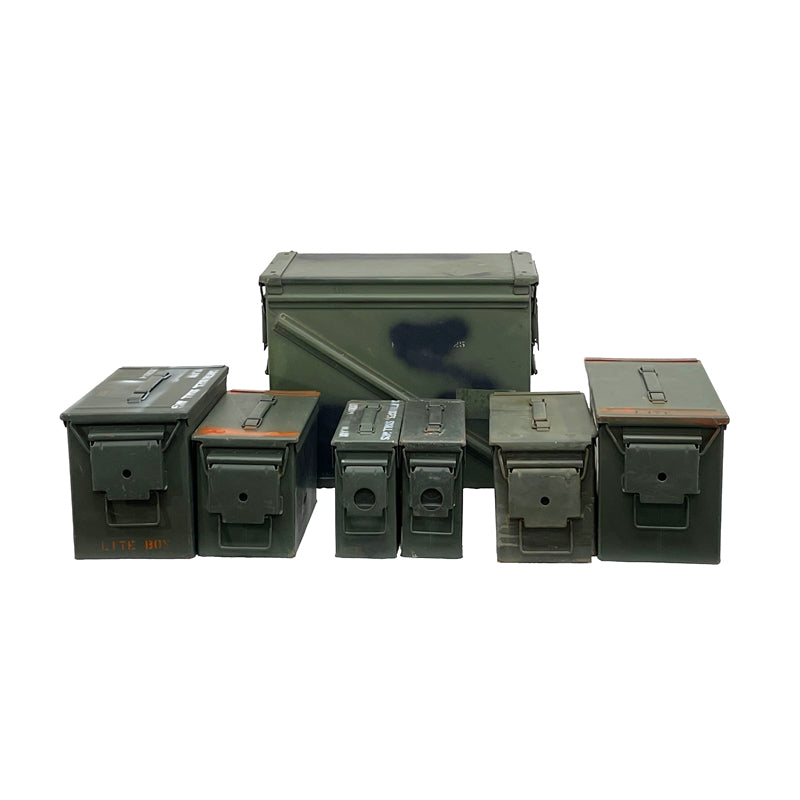 Ammo Can 7-Can Combo Pack (2) Fat 50 Cal(2) 30 Cal, (2) 50 Cal, and (1) 30mm 592 M92 Grade 2