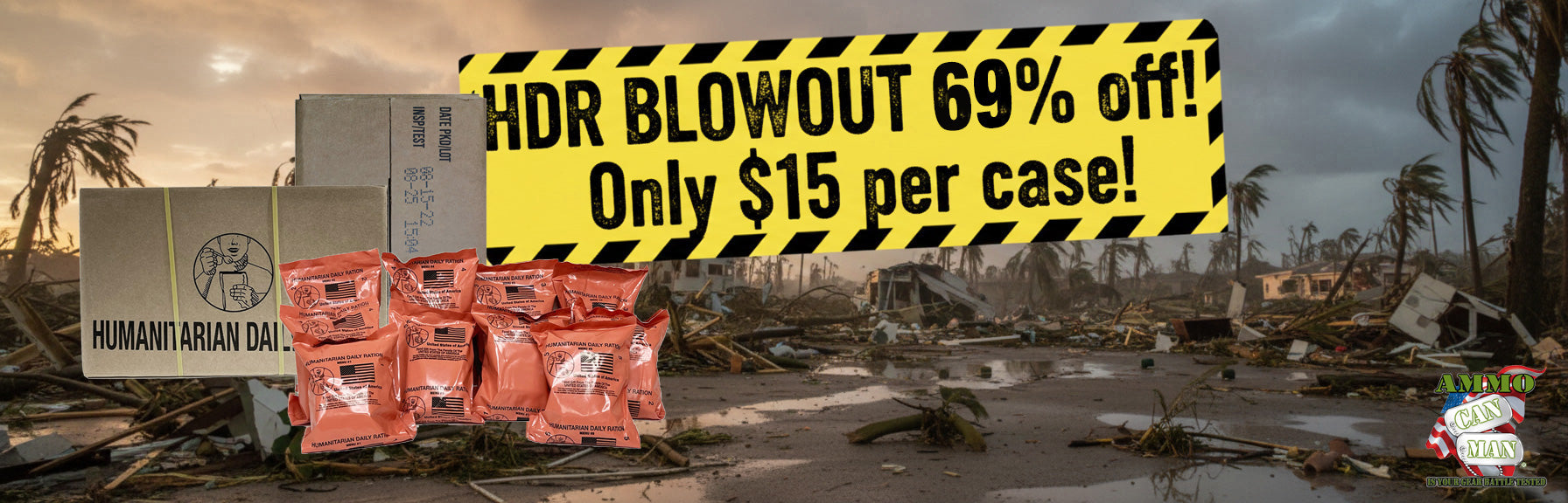 Destroyed buildings with HDR Blowout advertisement overlay. Mres