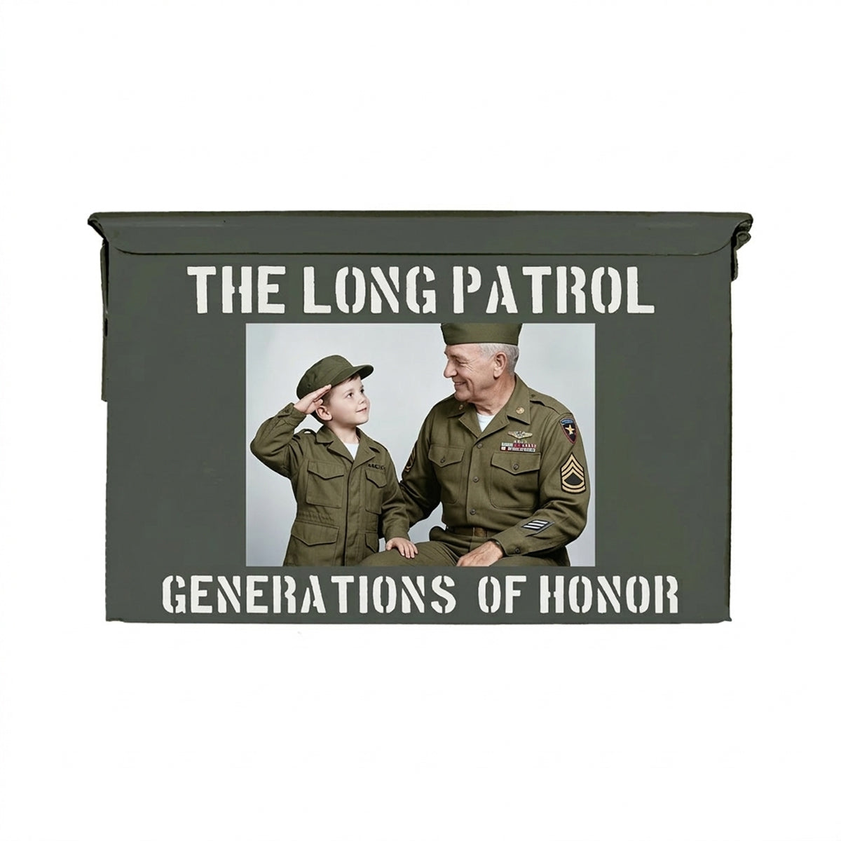 Memorial banner with a photo of a man and a child in military uniforms, featuring the text 'The Long Patrol Generations of Honor'.