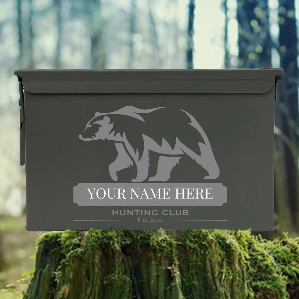 Laser Engraved - BEAR HUNTING CLUB - Used Grade 1 Ammo Cans - 30 Cal, 50 Cal or Fat 50 
