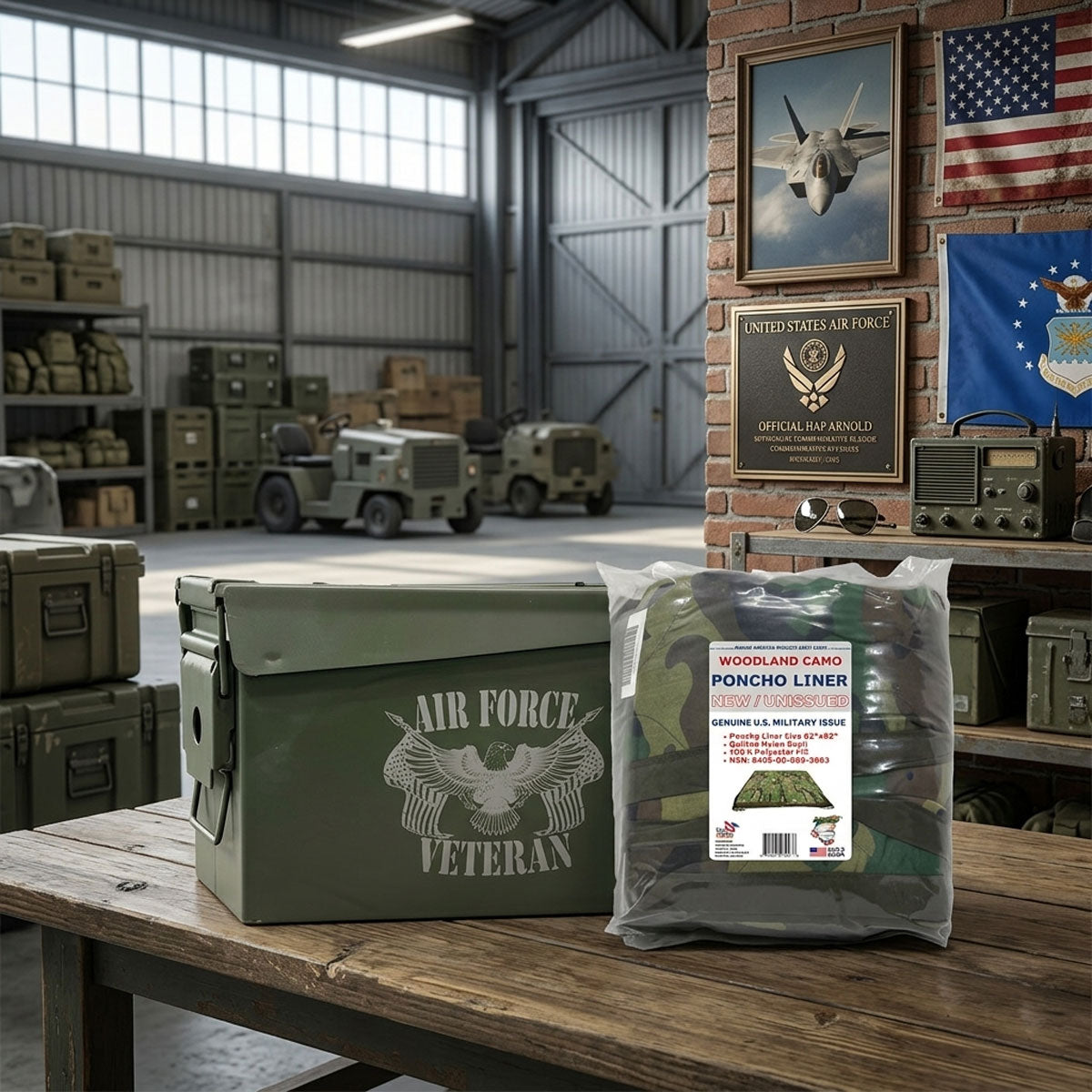 Air Force Veteran ammo box with a poncho liner package in a military-themed room.
