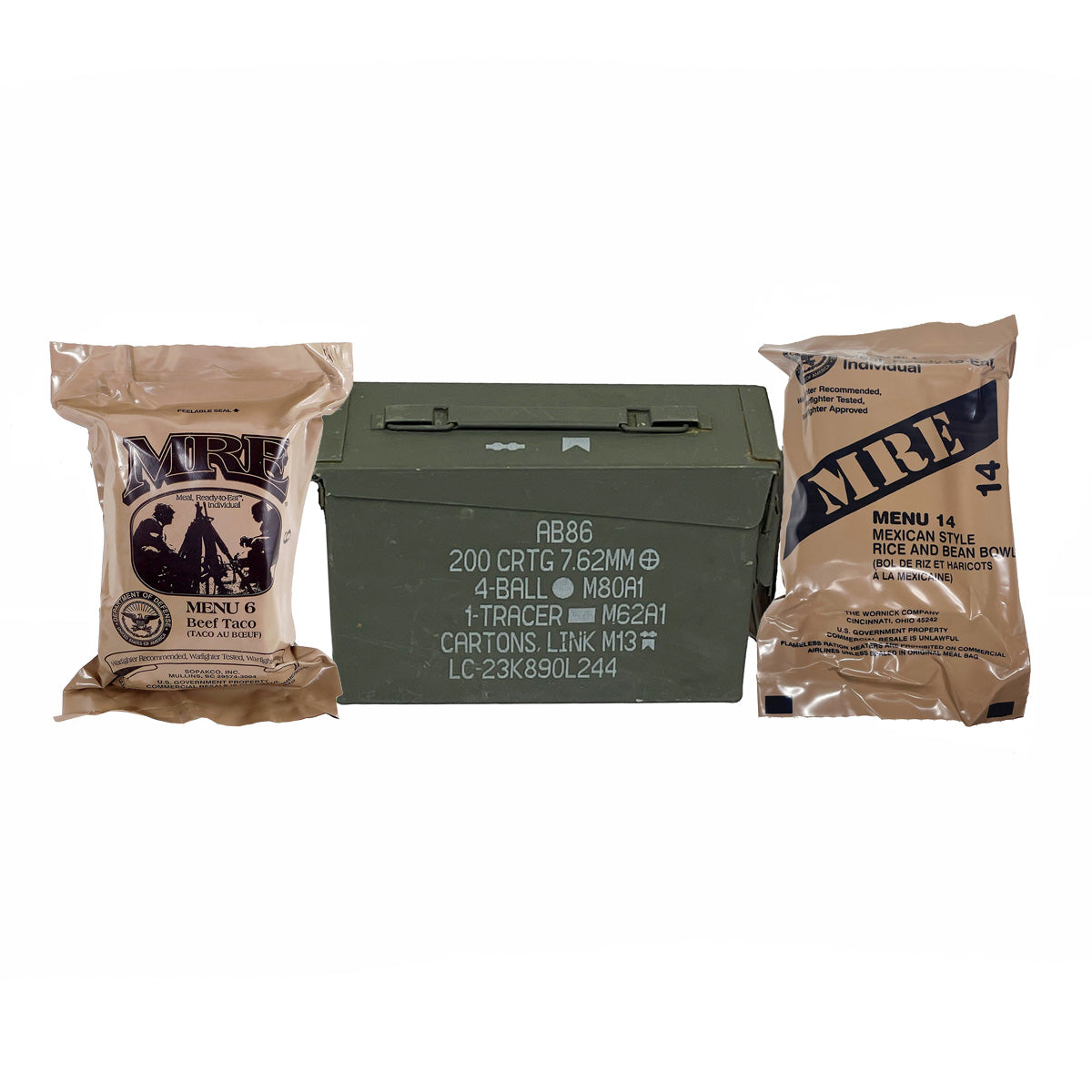 2 - Random Military MREs w/ Grade 1 - 30 Cal Ammo Can - Gift Set!