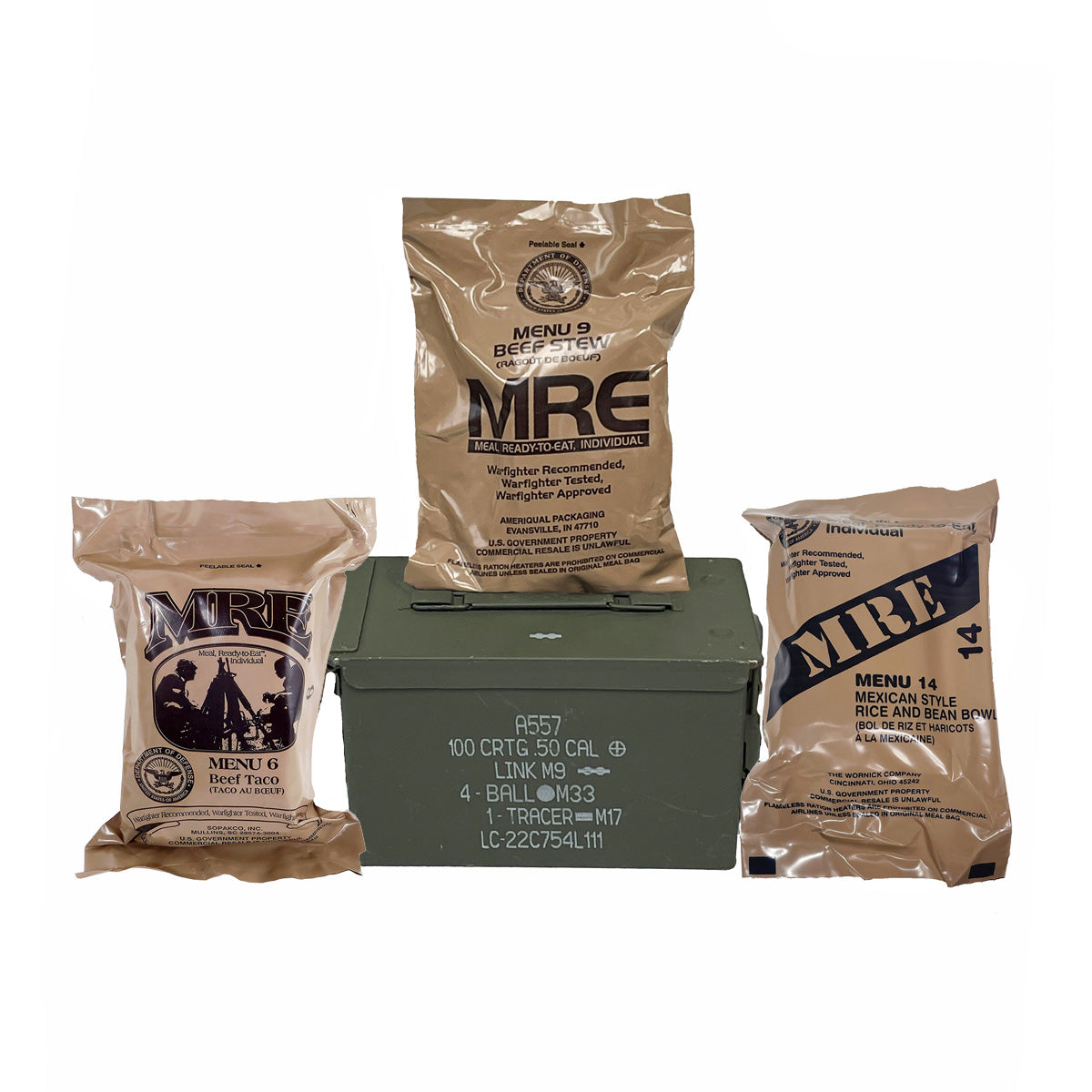 3 Complete MREs (Meals-Ready-To-Eat) packaged inside of a Grade 1 Military Issued ammo can.