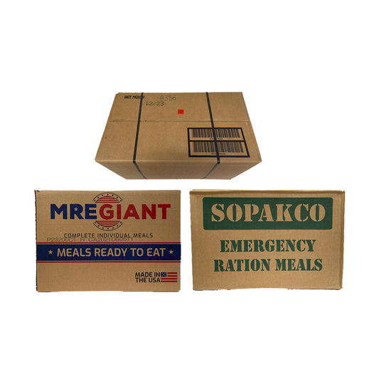 MRE Giant 2028 expiration, (1 Case) Low Sodium Sopakco and (1 Case) HDR Humanitarian Daily Ration 