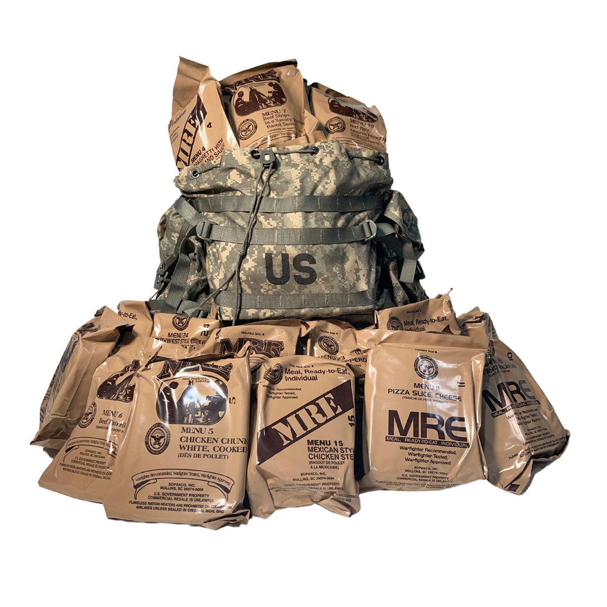 Camouflage backpack with MRE (Meal, Ready to Eat) packs 