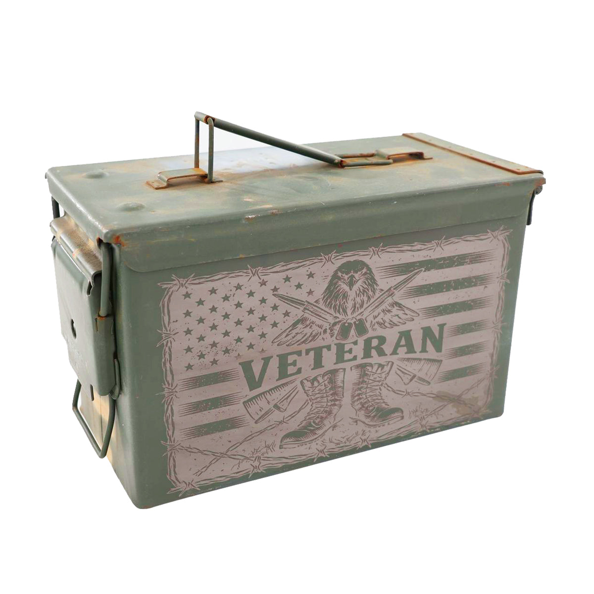 COMBO "VETERAN EAGLE" - BLACK SHIRT, BLACK HAT & LASER ENGRAVED 50 CAL GRADE 3 AMMO CAN!